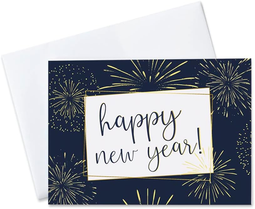 New Years Cards with Gold Foil Envelopes for Business & Family (Fireworks) 25 Pack Bulk Greeting Card 2026 New Year Set (5x7 inch) Office, Work Employees & Clients (N1903) Made in USA