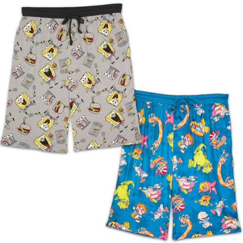 Spongebob Pajama Shorts Set - Bundle with 2 Pairs of XXL (44-46 Waist) Nickelodeon Sleeper Shorts Plus Bookmark | Retro Nickelodeon Pajamas for Men