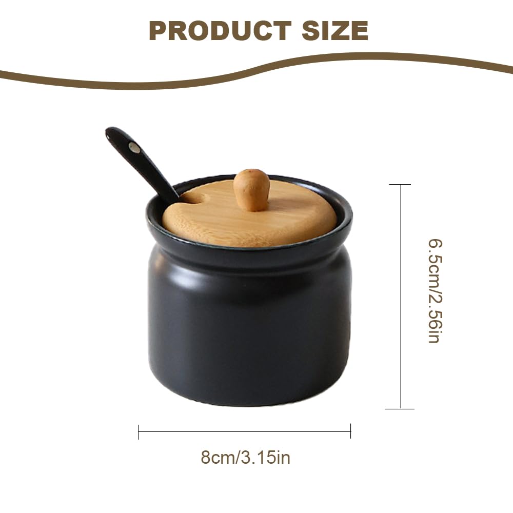 Keramik Zuckerdose Schwarz Bambusdeckel mit Löffel 180 ml 6.8 x 8cm | Luftdichte Keramik Zuckerdose mit Bambusdeckel & Löffel, platzsparend, für Zucker Salz Gewürze Küche