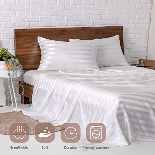 Image of MR&HM Satin Bed Sheets, Twin XL Size Sheets Set, 3 Pcs Silky Bedding Set with 15 Inches Deep Pocket for Mattress (Twin XL, Ivory Striped)