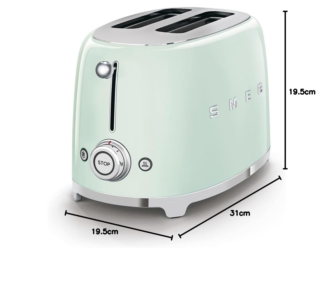 Smeg, Grille-pain 2 Tranches TSF01PGEU, 2 Fentes 36 mm, 6 Niveaux de Brunissage, Fonction Chauffage, Décongélation et Bagel, Éjection Automatique du Pain, Ramasse Miettes, 950 W, Vert Pastel