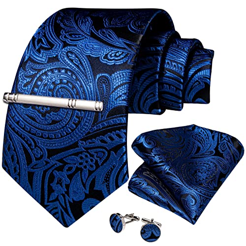 Image of DiBanGu Paisley Ties for Men Silk Necktie and Pocket Square Cufflinks Tie Clip Set Woven Classic Mens Tie for Wedding Party