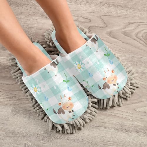 Microfiber Cleaning Slippers Buffalo Print Cute Daisy Cows Washable Mop Shoes Slipper for Men/Women House Floor Dust Cleaner, Size L4