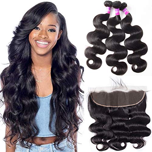 RECOOL 10A Brazilian Hair Body Wave Bundles with Frontal Closure Ear to Ear Lace Frontal with Bundles Wavy Human Hair Extensions Natural Color(16 18 20 With 14)