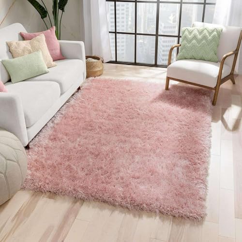 Image of Premium Microfiber Soft Pink Shag Rug 7x10 Feet Featuring Dense Fluffy Texture, Anti Skid Support and Durable Handmade Quality for Living Room, Bedroom and Hallway
