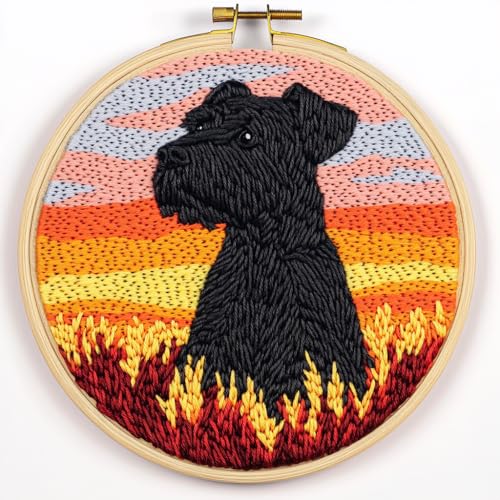 DIY Punch Needle Kits for Beginners Cute Giant Schnauzers Dog with Sunset with Hoop Punch Needle Starter Craft Embroidery Set Easy for Adults and Children Festival Gift and Decoration 20x20cm-2