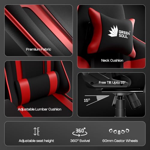 Image of Green Soul Raptor Pro Racing Edition | Ergonomic Gaming Chair with Massager & Legrest | Premium Fabric | 3D Armrest | Adjustable Neck & Lumbar Pillow | 3 Year Warranty (Black & Red)