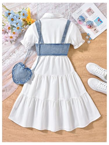 Verdusa Girl's Flared Ruffle Boho Dresses Button Down Collared Dress with Denim Crop Vest and Small Bag2