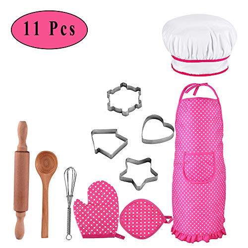 Ritte 11 Piezas/Set Conjunto de Chef para Niños, Juego para Hornear para Niños, Rosa Cocina rol Traje Juego con Delantal, Gorro de Chef, Utensilio para Guantes Y Cortador de Galletas para Niños