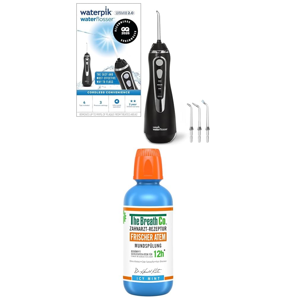 Waterpik Munddusche kabellos, Testsieger 2026, Pulse Technology, 99,9% Plaque Entfernung + The Breath Co. Mundspülung Antibakteriell, 12h Frischer Atem, Aktivsauerstoff, Alkoholfrei, Eis Minze,