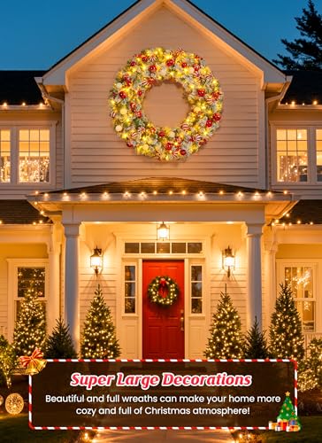 Image of Minetom 48-inch Large Christmas Wreath with Timer and Memory Function, Featuring 200 Warm White LED Lights, Christmas Balls, Pine Needles, for Doors, Walls and Mantels, Plug-in, Red&White