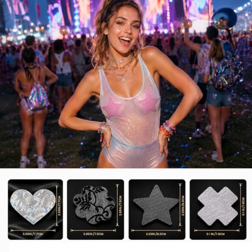 Image of Glitters Pasties Rave Pack Nipple Covers Stickers Disposable Sticky Breast Petals Bra Set for Women Rave Outfit Party