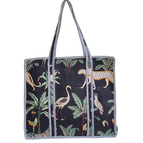 Image of 100% Cotton Jungle Print Shoulder Bag Tote Bag Women Reversible Shopping Bag and Grocery Bags Stylish Travel Bag Gift for Her