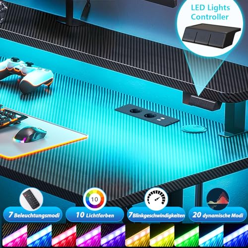 ODK Gaming Tisch, Kleiner Gaming Schreibtisch mit LED Beleuchtung & Steckdosen, Computertisch mit Monitorablage, Carbon Fiber Schwarz PC Gamer Tisch 100cm – Bild 5