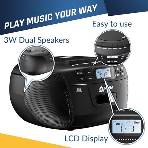 Image of KLIM CD + Cassette Tape Player, Bluetooth CD Boombox, AM /FM Radio, Stereo Sound, Remote, CD and Cassette Player Combo, Tape Recording, USB Drive, AUX