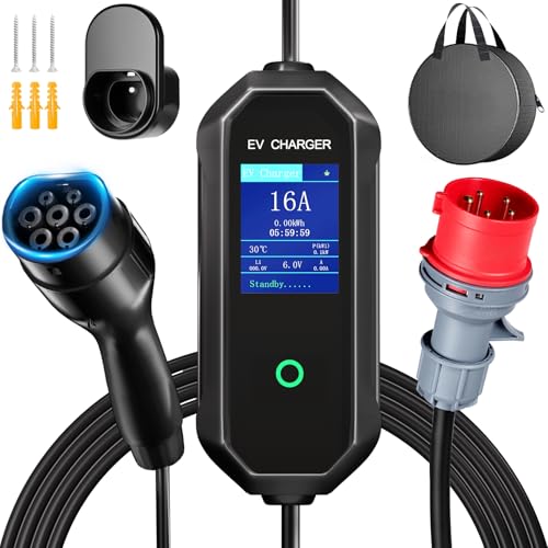 Station de Recharge Mobile Wallbox 11 KW, [triphasée | 7 m | 6-16 A] avec Puissance de Recharge réglable, câble de Recharge CEE 16 A vers Type 2 et Chargeur EV pour Voiture électrique, Noir