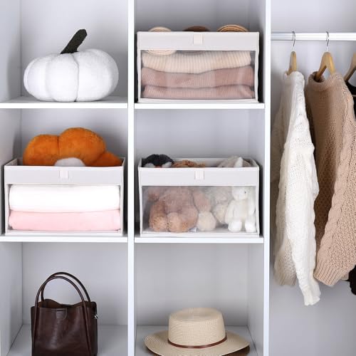 WUIKE Closet Storage Bins, Fabric Organizer Baskets with Clear Window and Handles, Foldable Storage for Shelves, Beige, Large, 3-Pack - Image 3