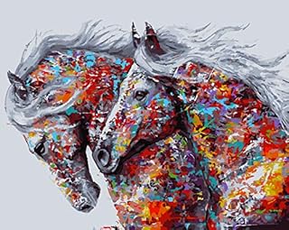 HKLIOPU DIY Paint by Numbers for Adults Beginner- Paint by Numbers Kits,with Colorful Horse Canvas Pattern and 6 Pcs Brushs,Suitable for Bedroom Office- Arts Craft for Home Wall Decor (Frameless)