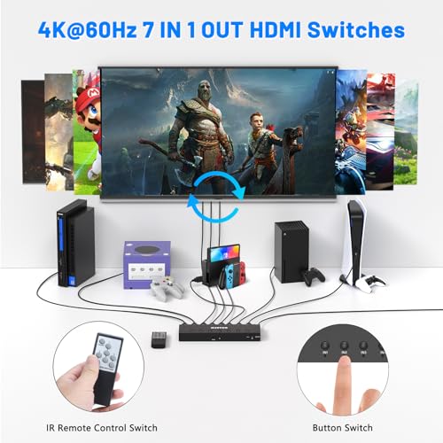 Image of HDMI Switch 7 in 1 Out 4K@60Hz, 7 Port HDMI Switcher Selector Support HDR & HDCP 2.2 & Full 3D Compitable with Nintendo Switch,Xbox PS5 /4,Fire Stick,Roku,Apple TV for Gaming & Home Entertainment
