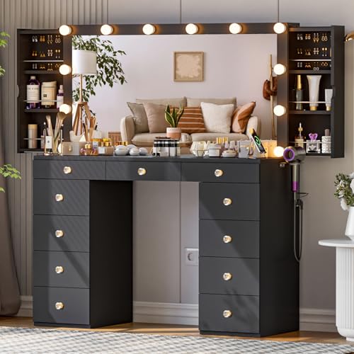 elifine Makeup Vanity Desk with Mirror and Lights, Black Vanity with Jewelry Storage & 11 Drawers & Power Strip, Bedroom Vanity Table Hidden 2 Jewelry Cabinets for Women Girls