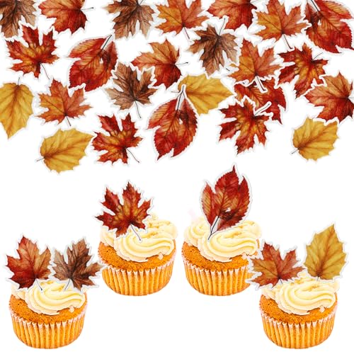 48 PCS Edible Edible Fall Leaves Cupcake Toppers...