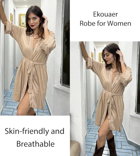 Image of Ekouaer Women Kimono Robes Knee Length Knit Bathrobe Lightweight Soft Sleepwear V-neck Casual Ladies Loungewear