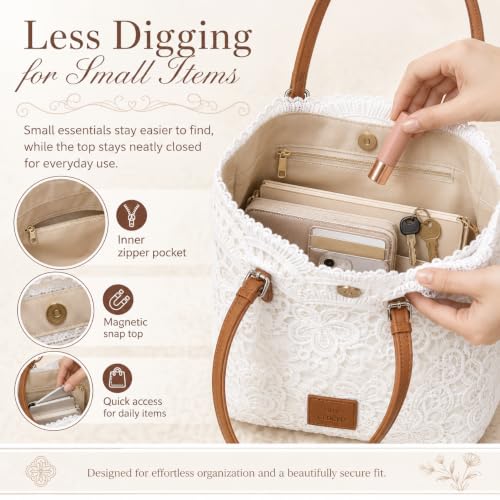 White Lace Purse for Women, Boho Shoulder Handbag with Ribbon Detail and PU Leather Strap, Beige Summer Small Tote Bag for Beach Vacation, Travel, Shopping and Daily Use - image 7