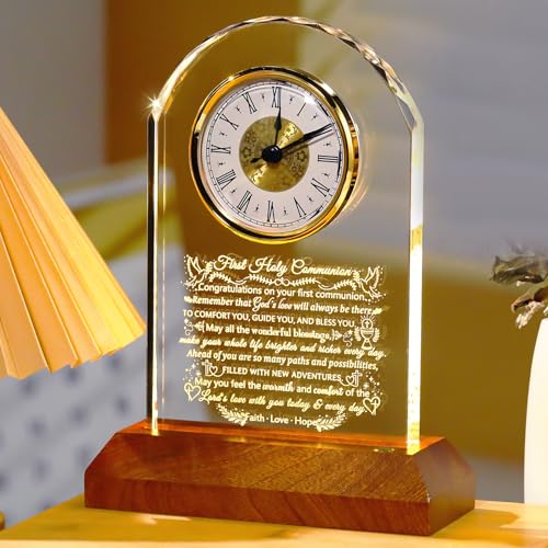 Image of Ornalrist First Holy Communion Gifts for Girls Boys, Glass Clock for First Communion Baptism Gifts for Granddaughter Goddaughter with Wooden Light Base, Christening Christian Gift Ideas