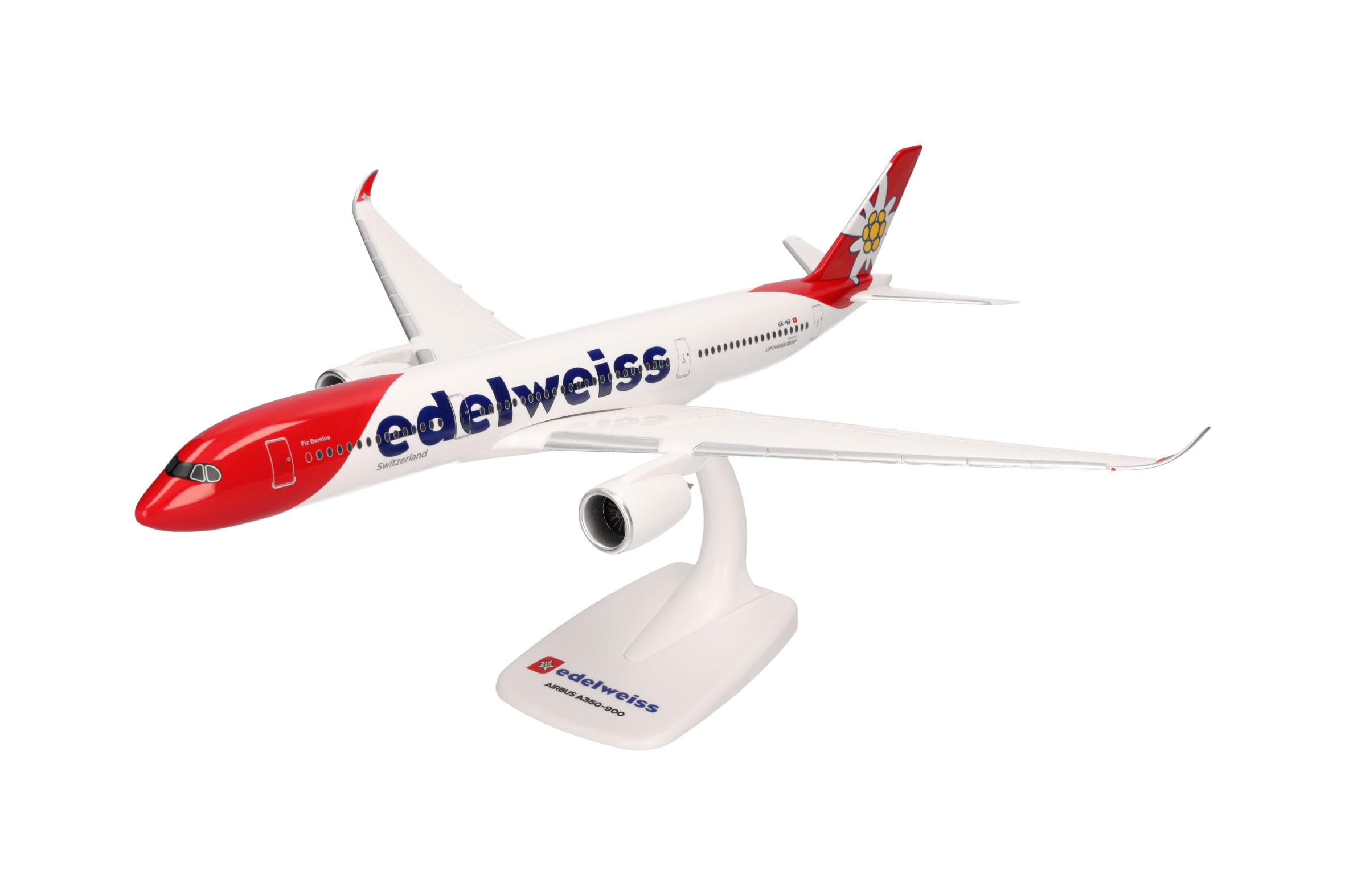 Herpa Snap-Fit Modellflugzeug Edelweiss Air Airbus A350-900 - HB-IHF Piz Bernina, Miniatur im Maßstab 1:200, Sammlerstück, Modell mit Standfuß, Kunststoff, Rot
