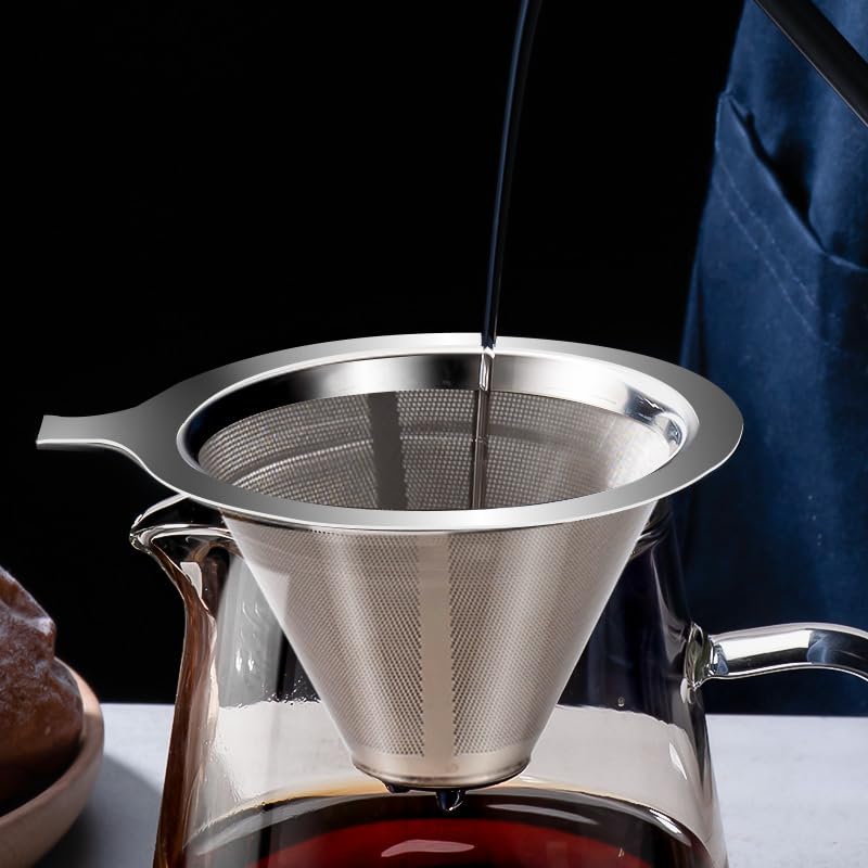 1 Pcs Reusable Stainless Steel Pour Over Coffee Filter Dripper, Cone Shape, Paperless