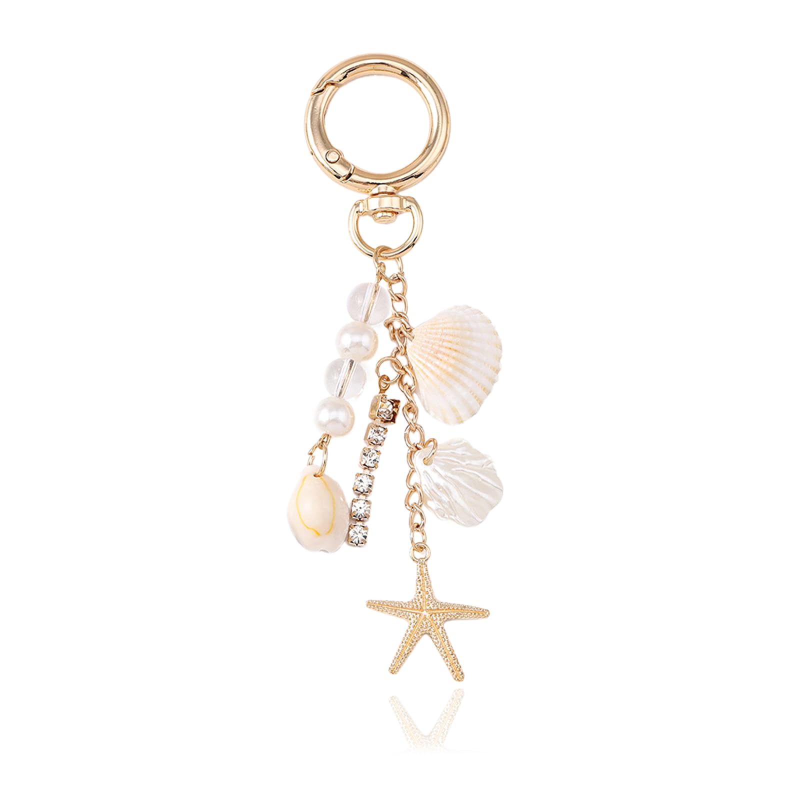 Beach Keychain with Gold Starfish and Seashell Charms Coastal Bag Charm Keychains for Women Cute Beachy Purse Accessories Sea Shell Travel for Ocean Lovers and Coastal Vibes