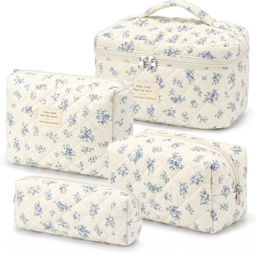 4er Set Kosmetiktasche Blumen MäDchen Kulturtasche Damen Gesteppte Make Up Tasche Baumwolle Kulturbeutel Set Coquette Make Up Bag Aesthetic Stuff Clean Girl Cosmetic Bag