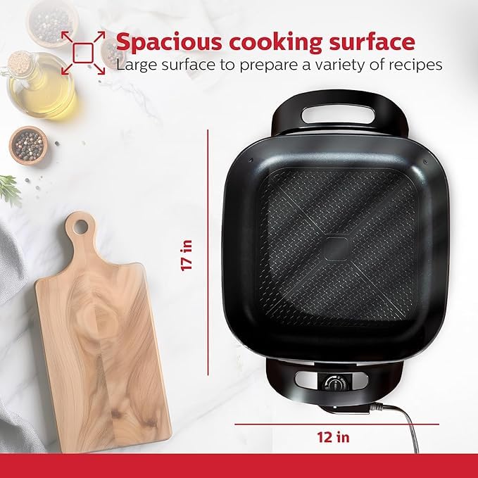 Image of Extra Deep Electric Skillet with Glass Lid, Square Design with Non-Stick Surface & Cool-Touch Handles, Large Non-stick Frying Pan & Multi-Cooker, Adjustable Temperature Control, Red