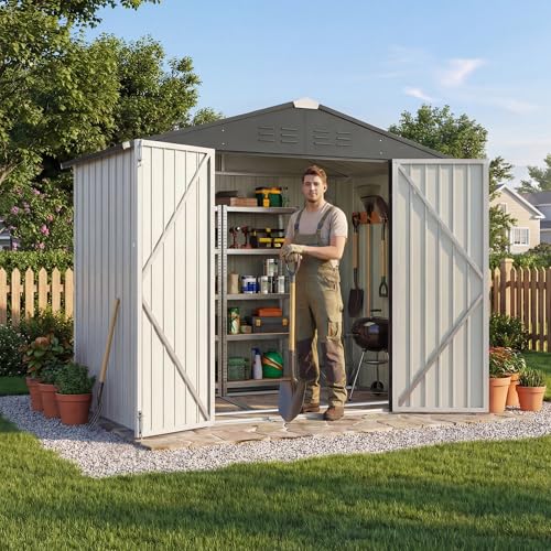 Image of Devoko 6 x 4 FT Storage Sheds with Floor Frame, Waterproof Garden Tool Shed with Lockable Door, Outdoor Metal Utility Shed for Backyard Patio Lawn, White