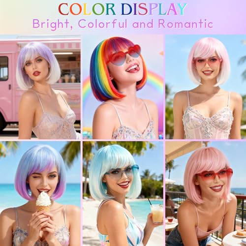 Image of PLULON Purple White Ombre Bob Wig with Bangs for Women Men, Colorful Short Funny Bob Wigs with Heart Sunglasses and Hair Cap Colored Cosplay Hairpieces for Halloween Costume Neon Bachelorette Party