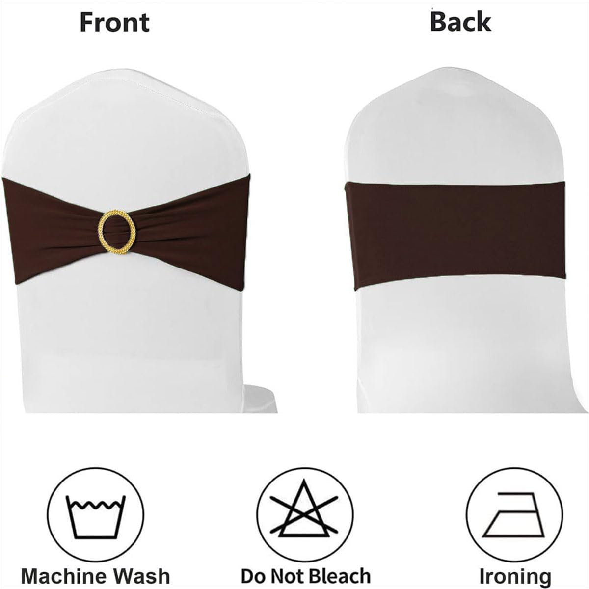 Brown Chair Sashes 50 Pack with Gold Buckle Slider, Spandex Chairs Bands Bows for Wedding Party Birthday Banquet Décor