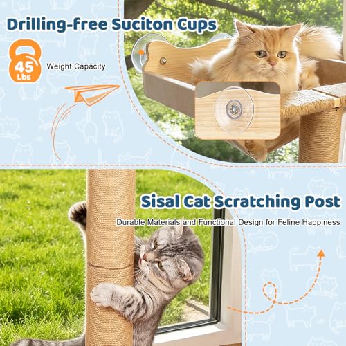 Image of Cat Window Perch Hammock with 3-Piece Detachable Sisal Scratching Posts, Drill-Free Suction Cup Mount, Multi-Level Climbing Perch for Bird Watching, 45 LBS Capacity