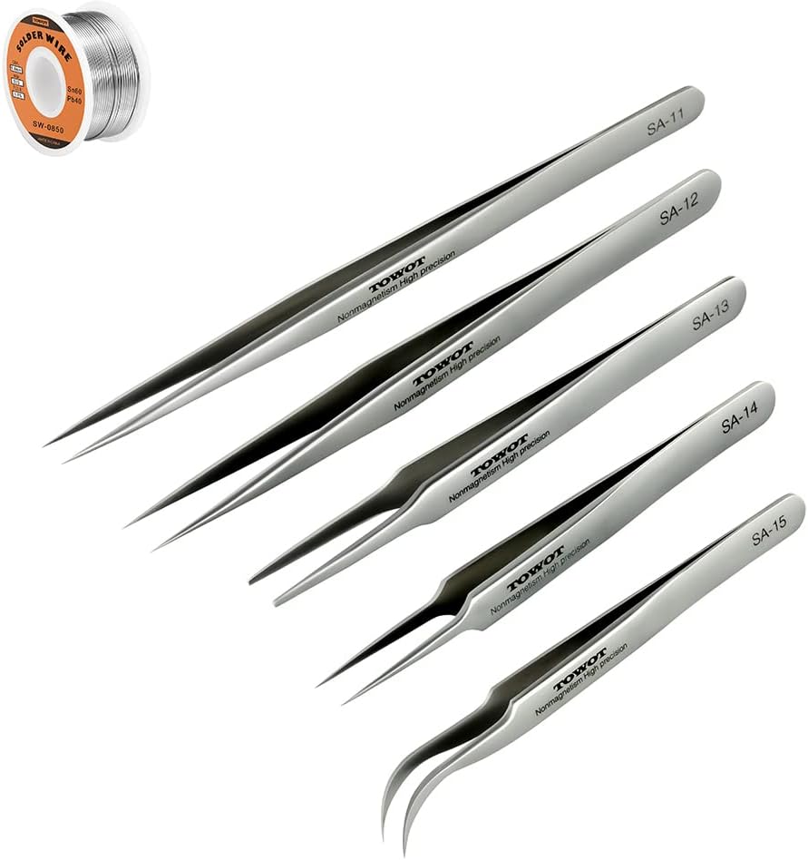 TOWOT Tin Lead Rosin Core Solder Wire for Electrical Soldering, Content 1.8% Solder flux Sn60-Pd40 (1.0mm, 100g) & Precision Tweezers, 5 PCS Machine Tweezers Made of Stainless Steel Heat Resistant fo