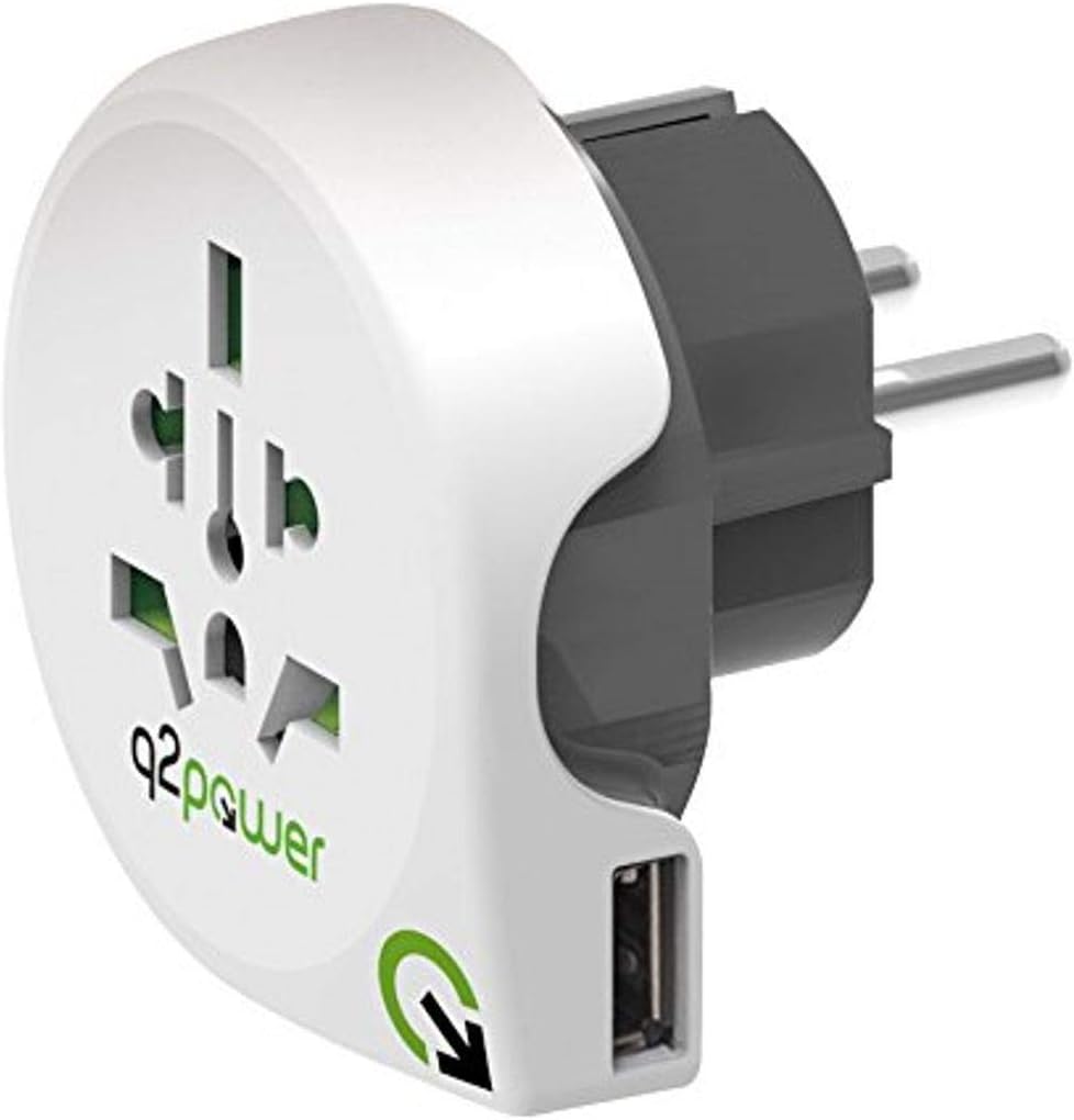 Q2 Power World to Europe USB Travel Adaptor - White and Grey