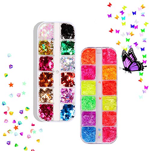 ICEYLI 2 Box 3D Holographic Butterfly Nail Glitter,Fluorescent Ultra-Thin Laser Butterfly Sequins for Nail Art Decoration Acrylic Manicure Paillettes and DIY Crafting