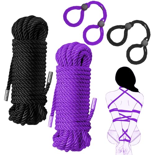 4PCS Sex Rope BDSM Bondage Rope Kit and Adjustable Straps for Couples Soft Nylon Bondage Gear with 2x32ft Ropes (Black & Purple) & 2x18.5in Restraints