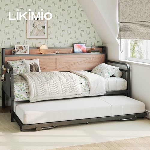 Image of LIKIMIO Twin Daybed, Day Beds with Pop Up Trundle, Storage Headboard with Charging Station, Strong Supports for Apartment and Other Small Space, Wood Color