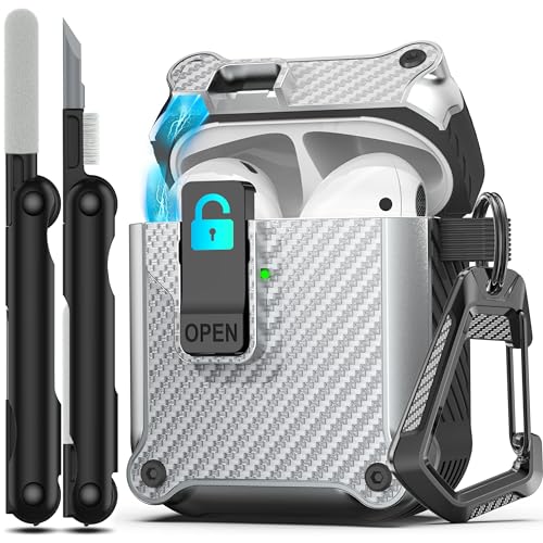 Image of RFUNGUANGO AirPods 2 Case with Lock Magnetic Lid, Carbon Fiber Silver