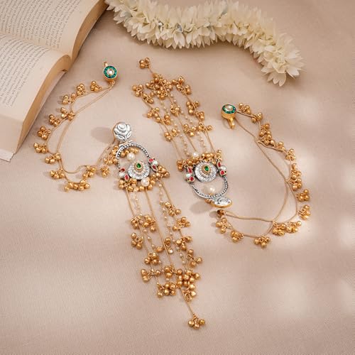 Image of Rubans Long Jhumka Earrings with Ear Chain Pearl Beaded Traditional Wedding Jewellery Gift for Women & Girls