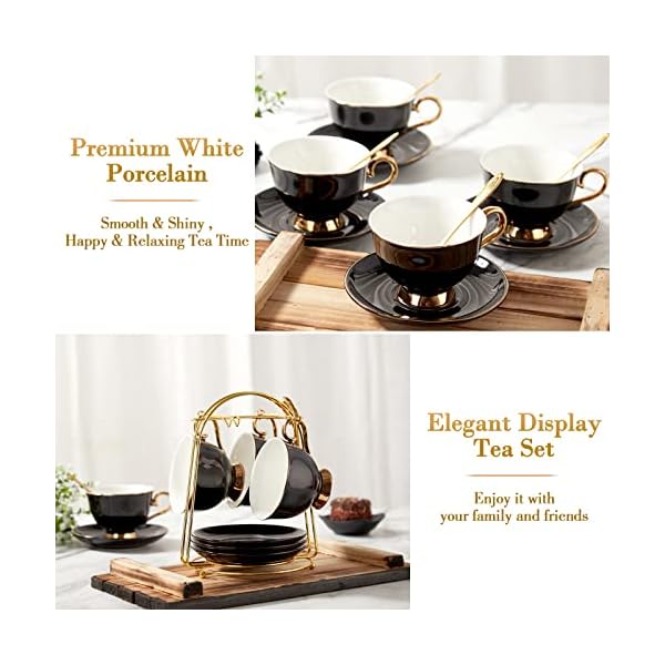 DUJUST Tea Cups and Saucers Set of 4 (7.4oz), Luxury Tea Cup Set with