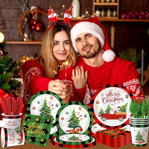 Christmas Paper Plates and Napkins,Red Green Buffalo Plaid Christmas Paper Dinnerware Xmas Tree Santa Claus Plates and Napkin Cups for Winter Themed Xmas Holiday Supplies – Image 3