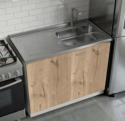 Image of Tuhome Napoles Utility Sink Base Cabinet with Integrated Stainless Steel Countertop, Freestanding Cabinet with Double Doors, Interior Shelf for Laundry Room, Utility Room, Mudroom or Kitchen