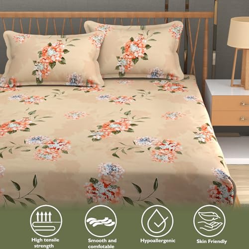 Image of Fresh From Loom Hypoallergenic Floral Print King Size Bedsheet with 2 Pillow Covers - Microfiber, 240 TC (90 x 95 inch| Beige, Floral Design)