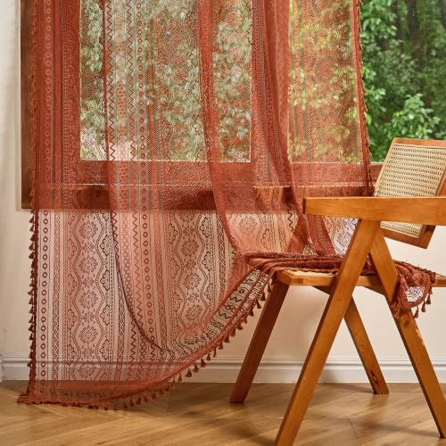 Image of MYSKY HOME Terracotta Boho Lace Sheer Curtains 90 inch Length 2 Panels Burnt Orange Floral Vintage Bohemian Crochet Geometry Curtains with Tassels for Living Room Bedroom Rod Pocket Home Decor, 55 inch W