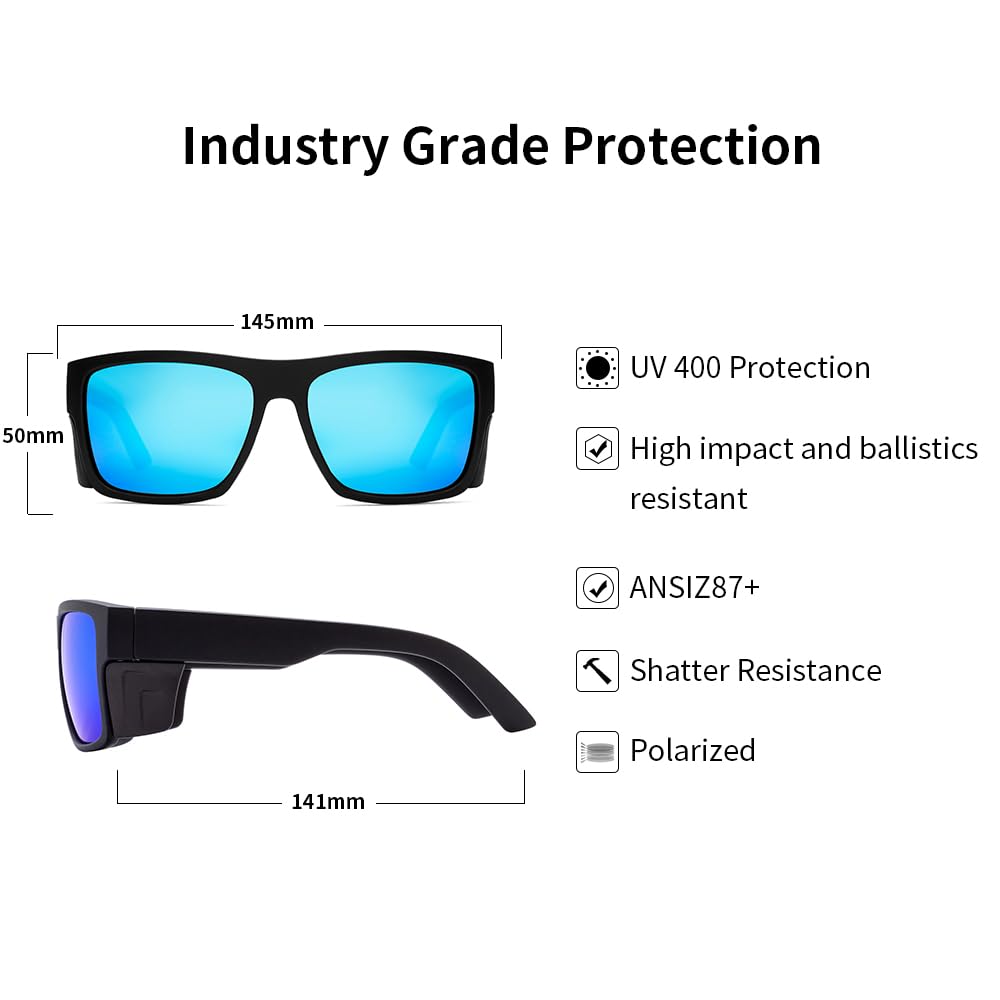 Gafas de sol de seguridad para hombre, color negro mate, polarizadas ANSI Z87+, protección UV, polarizadas de espejo azul, L = 141 mm, W = 145 mm